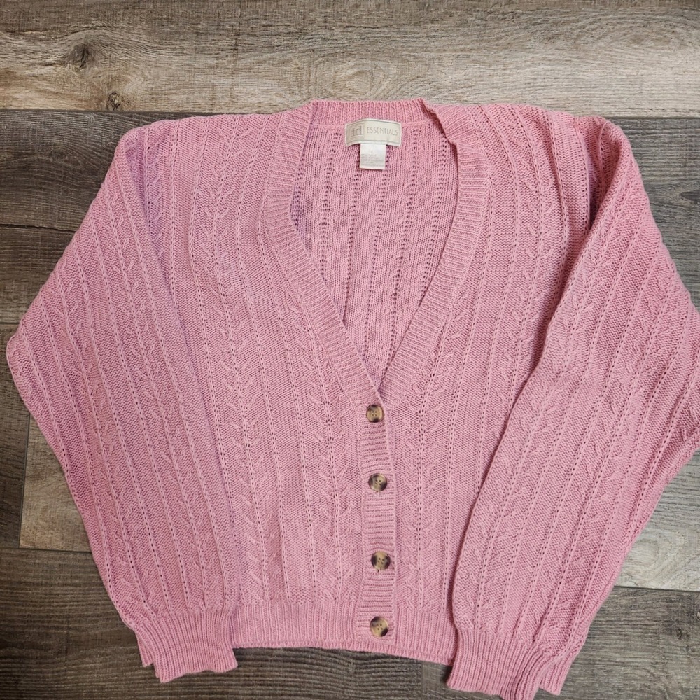 Vintage 90s Pink Cable Knit Cardigan Sweater L Ramie Cotton id Essentials